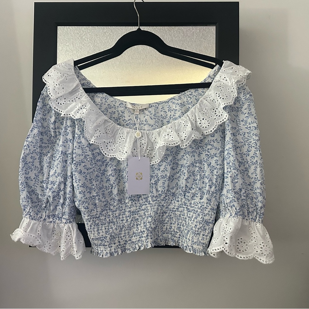 Wayf Blue and White Ruffled Crop Blouse